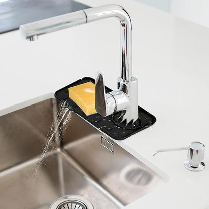 Dimeho Sink Faucet Splash Guard Mat Silicone Soap Dish Pad Faucet Handle Drip Catch Sponge Holder Sink Protector Trays for Bathroom Kitchen Countertop Gadgets Accessories 8.3 x 5.7 Inch(Black)