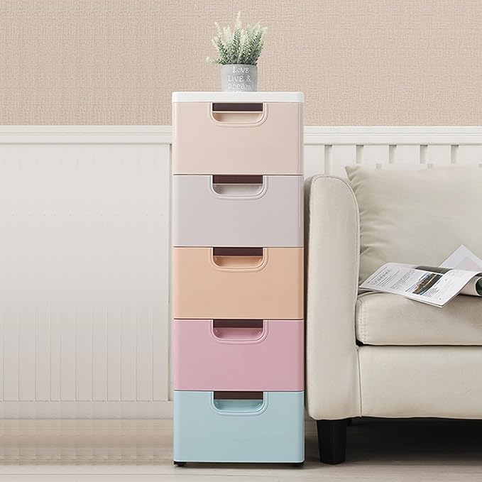 5 Drawer Stackable Storage Tower,Plastic Drawers Dresser,Narrow Rolling Storage Cabinet for Livingroom,Colored
