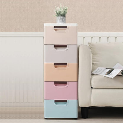 5 Drawer Stackable Storage Tower,Plastic Drawers Dresser,Narrow Rolling Storage Cabinet for Livingroom,Colored