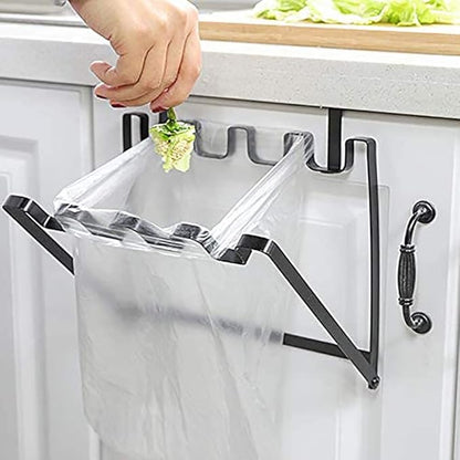 LANGUGU Stainless Steel Foldable Trash Rack Garbage Bag Holder Door Back Type Multi-Functional for Kitchen Hook Hang Dishcloth, Mounts Over Cabinet Doors Cupboards Frame