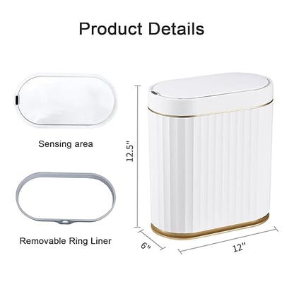 ELPHECO Bathroom Trash Can with Lid 2 Gallon Sensor Garbage Can, Automatic Trash Bin, Motion Sensor Trash Can, IPX5 Waterproof Plastic Wastebasket for Bathroom, Bedroom, Kitchen, Office, White Gold