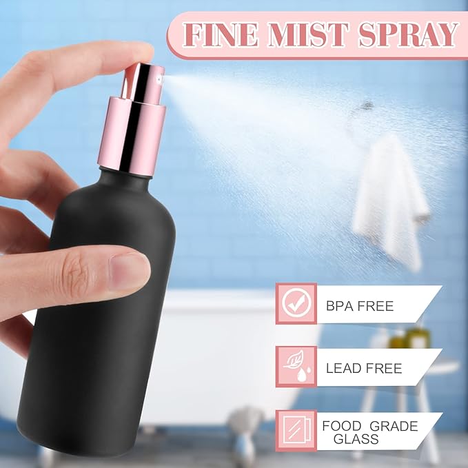 6 Pack 3.4 Oz Black Frosted Glass Spray Bottles,Empty Perfume Fine Mist Atomizer,Rose-Golden Pump Head Travel Liquid Holder Containers for Cologne,Essential Oils,Body Sprays-Funnel&Pipette