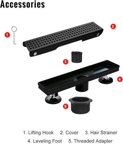 SaniteModar Linear Shower Drain, Black Shower Drain 12 inch with Square Hole Panel, Matte Black Linear Drain with Hair Strainer and Leveling feet