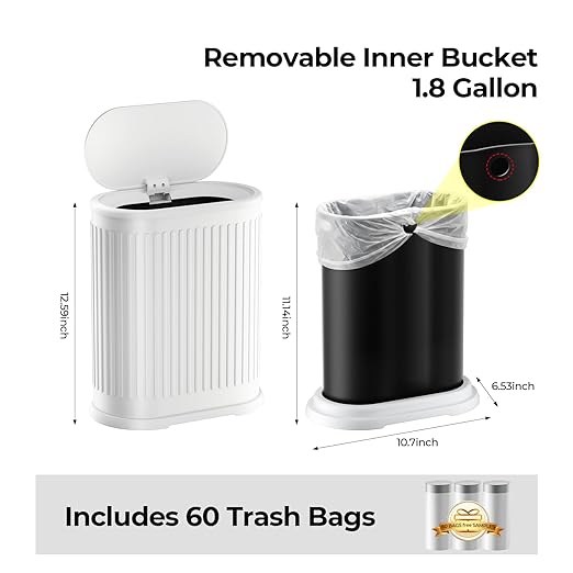 Small White Bathroom Trash Can with Press Top Lid, 1.8 Gallon Stainless Steel Garbage Can with Removable Inner Bucket, Includes 60 Trash Bags for Home Bedroom
