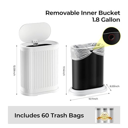Small White Bathroom Trash Can with Press Top Lid, 1.8 Gallon Stainless Steel Garbage Can with Removable Inner Bucket, Includes 60 Trash Bags for Home Bedroom