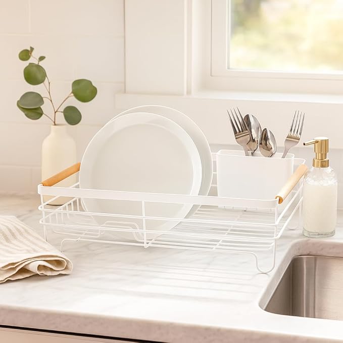 Oggi Large Dish Drying Rack - White & Bamboo Dish Drying Rack, Drying Rack Kitchen, Dish Rack, Dish Racks for Kitchen Counter, Durable Coated Metal Kitchen Drying Rack with Cutlery Holder