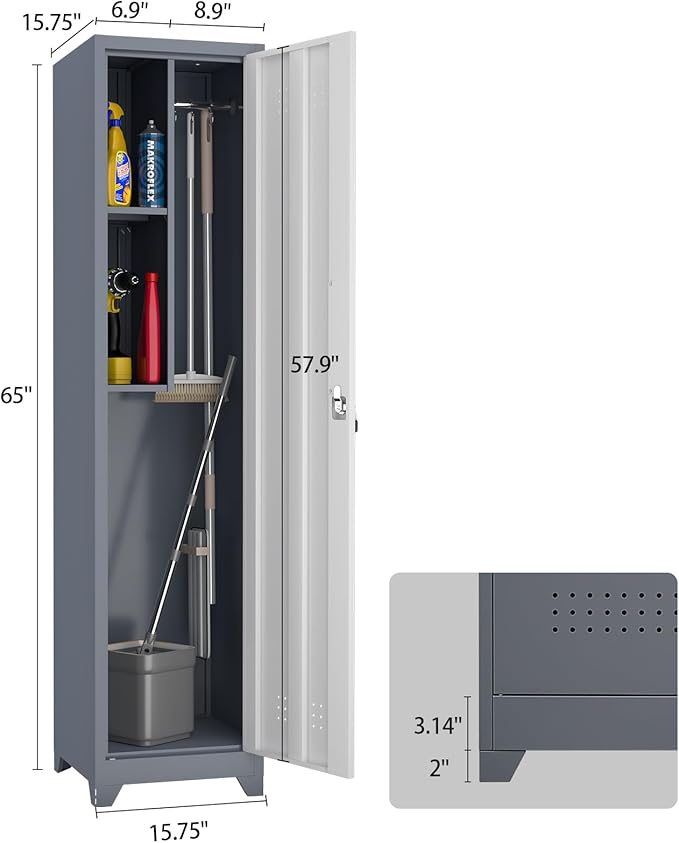 Broom Closet Utility Storage Cabinet with Locking Door and 2 Shelves, 65" H Slim Tool Cabinet for Broom and Mops (Gray White, 65“H-1 Door)