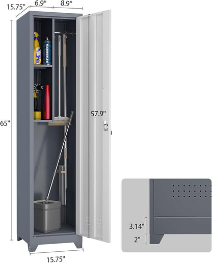 Broom Closet Utility Storage Cabinet with Locking Door and 2 Shelves, 65" H Slim Tool Cabinet for Broom and Mops (Gray White, 65“H-1 Door)