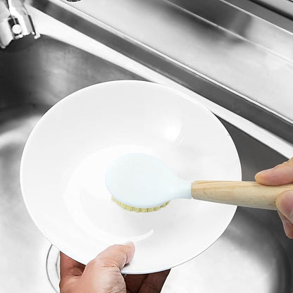Jiozermi 3 Pcs Kitchen Dish Brush with Bamboo Handle, Dish Scrubber Brush Built-in Scraper, Pot Scrubbers for Cleaning, Dishwashing, Dishes, Pans, Kitchen Sink and Counter