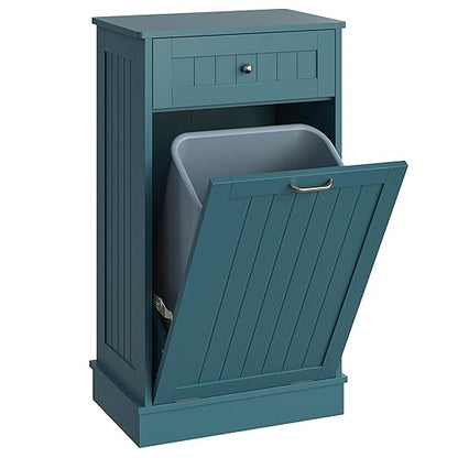 LOUVIXA Tilt Out Trash Can Cabinet, Hidden Trash Cabinet with Drawer, Wooden Dog Proof Trash Can Holder, Tilt Out Laundry Hamper, Garbage Can Holder (Teal-Blue)