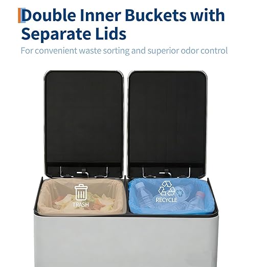 2 x 5.3 Gal (2 x 20L) Dual Compartment Stainless Steel Kitchen Trash Can, Garbagin Bin with Recycling, Soft-Close Lid, Foldable Step-on Pedal, Removable Plastic Inner Buckets, White
