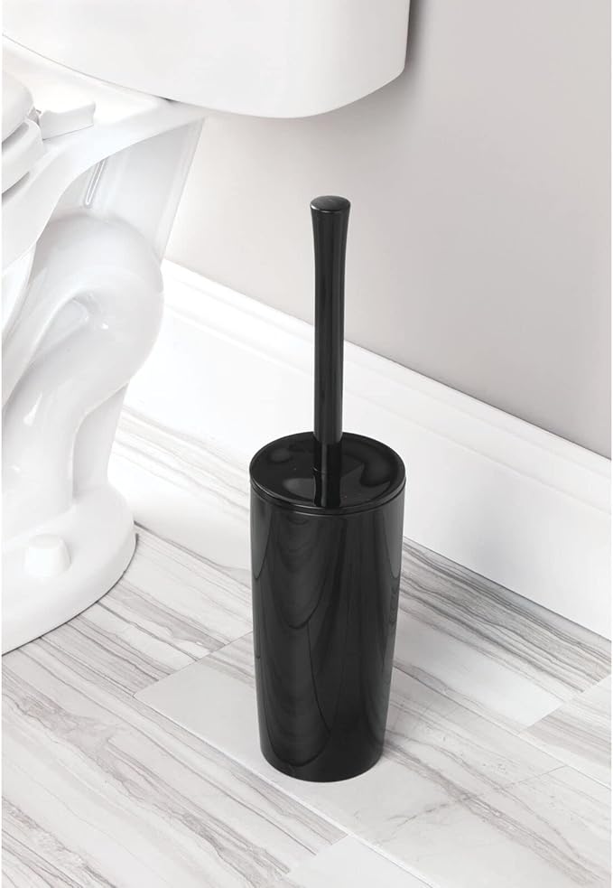 mDesign Slim Plastic Toilet Bowl Brush and Holder Set, Modern Compact Storage Organizer Cleaner Scrubber for Toilet - Heavy Duty Cleaning Plunger for Bathroom, Aura Collection - Black