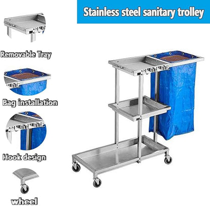 Stainless Steel Commercial Janitorial Cart,360°with Wheels Rolling Janitorial Cart Stainless Steel,3-Shelf Shelves and Vinyl Bag Housekeeping Cleaning Cart (200 Lbs)