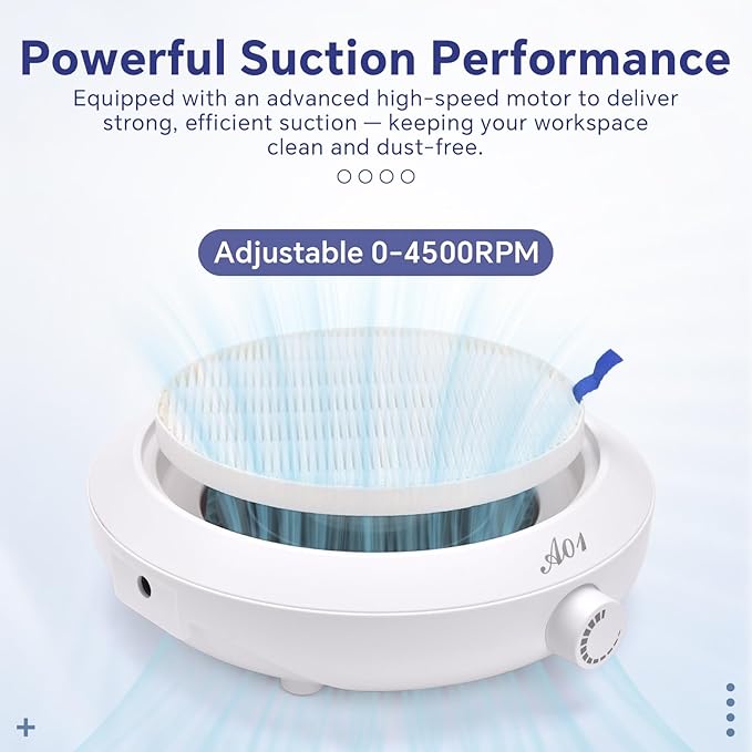 Nail Dust Collector 4500RPM Vacuum Fan Duster with Reusable Filter Compact Low Noise Powerful Vacuum Cleaner for Acrylic Gel Polished Nails, Nail Salon & Home Tool, White
