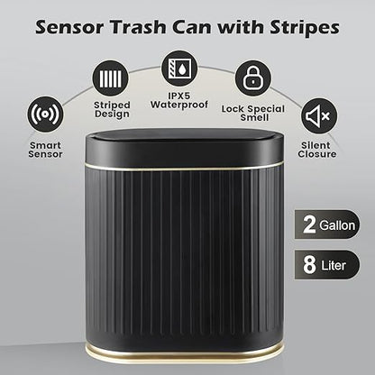 SYNCVIBE Bathroom Sensor Trash Can with Lid Automatic 2 Gallon Small Sensor Garbage Bin, 7.5 Liter Motion Sensor Smart Rubbish Bin Bathroom Decor, Slim Waterproof Plastic Garbage Can, Black Gold