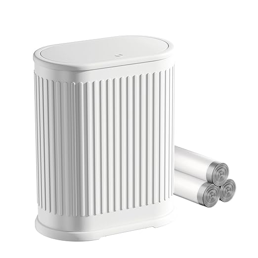 Small White Bathroom Trash Can with Press Top Lid, 1.8 Gallon Stainless Steel Garbage Can with Removable Inner Bucket, Includes 60 Trash Bags for Home Bedroom