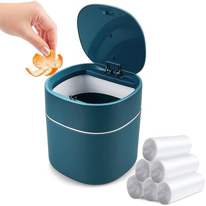 Mini Desk Trash Can with Lid with Trash Bags 180 pcs Press-Top 0.5 Gallon Tiny Countertop Waste Basket Small Table Top Plastic Covered Garbage Bin for Desk Top (Blue)