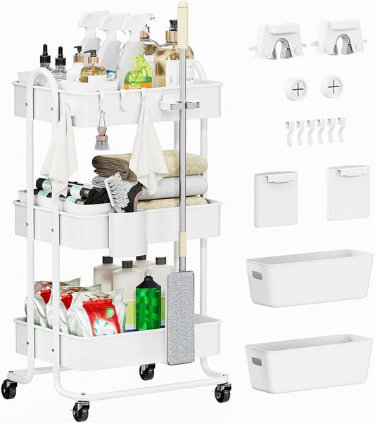 3 Tier Metal Rolling Utility Cart Organizer, Cleaning Supplies Carts with Lockable Wheels, Hanging Cups, Baskets, Mop Holder Hooks, Kitchen Storage Trolley Cart Laundry Garage Bathroom, White