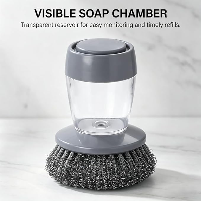 Sakerplus Kitchen Soap Dispensing Palm Brush, One-Press Dish Brush with Built-in Soap Reservoir, Handheld Kitchen Scrub Brush for Dishes, Bowls, Cups, & Everyday Cleanup (PET Material,1PC)
