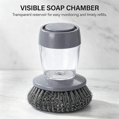 Sakerplus Kitchen Soap Dispensing Palm Brush, One-Press Dish Brush with Built-in Soap Reservoir, Handheld Kitchen Scrub Brush for Dishes, Bowls, Cups, & Everyday Cleanup (PET Material,1PC)