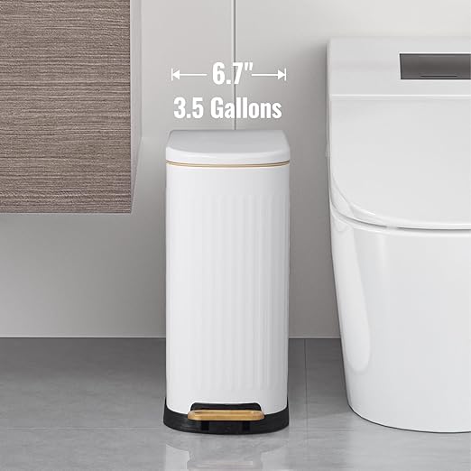 SYNCVIBE Slim Bathroom Trash Can with Soft Close Lid Stainless Steel Garbage Can Step Trash Bin with Removable Inner Bucket for Bedroom, Office, Kitchen (Matt White, 3.5 Gallons)