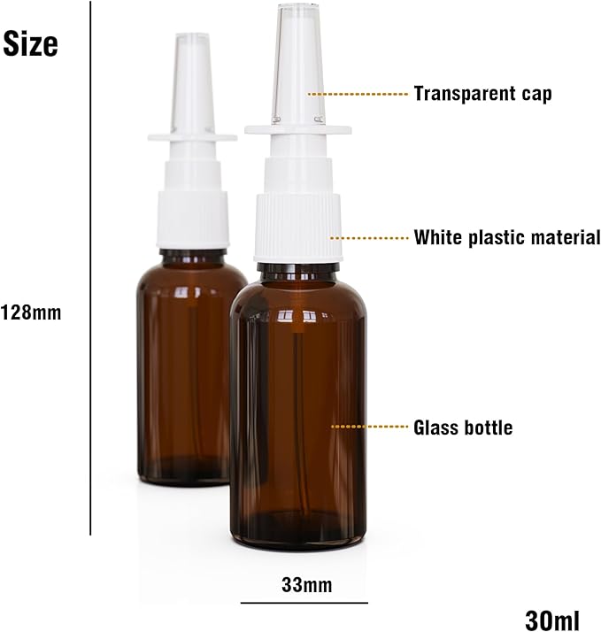 6PCS Nasal Spray Bottle Spray Glass bottles, 30ML/1oz Amber Glass Nose Sprayer Bottle Empty, Travel Sized Refillable, Nose Sprayer Nasal Cleaner with Funnel (30ml amber 6pcs)