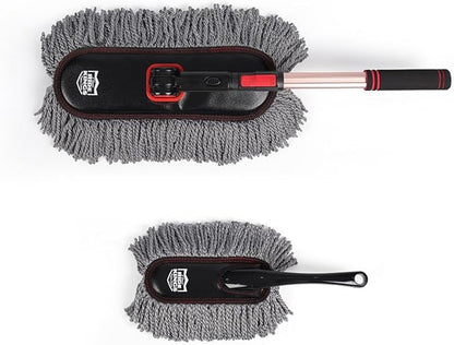 Car Duster Exterior with Extendable Handle, Scratch Free Auto Wash Brush Mop, Interior Detailing Kit for Truck RV Boat - Microfiber Duster & Interior Brush, Grey