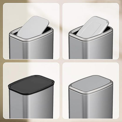 8L/2.1 Gal Small Bathroom Trash Can with Lid, Swing-Top Rectangular Waste Bin, Stainless Steel Garbage Can for Home, Office, Toilet, Bedroom, Living Room (Silver)