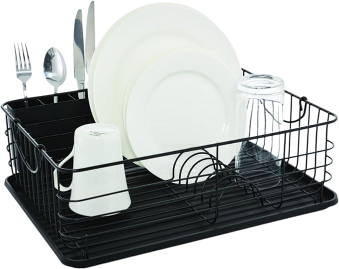 Farberware Sink Series Dish Rack with Metal Handles (16.9" x 14.5") - Rust-Resistant & Satin Frame with Plastic Drainboard, Space-Saving Compact Dish Drying Rack for Modern Kitchens (Matte Black)