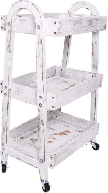 3-Tier Wooden Rolling Cart- Wooden Utility Cart wit Wheels- Utility Rolling Cart-Storage Trolley Organizer- Rolling Kitchen Serving Cart for Office,Kitchen, Kids' Room (Retro White)