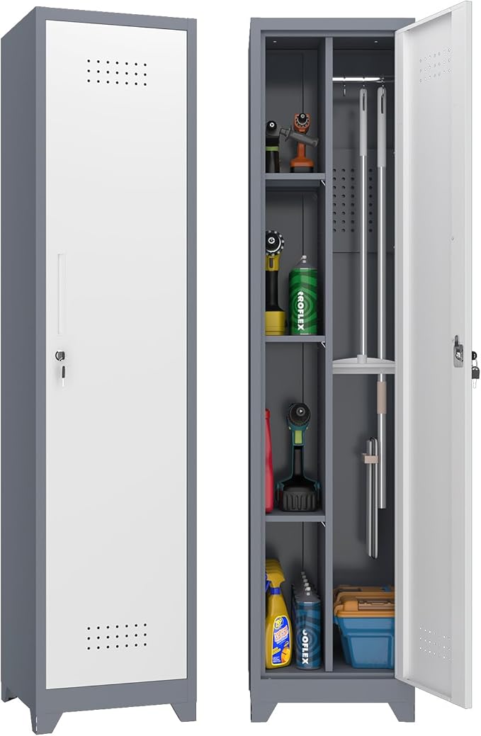 Broom Closet Utility Storage Cabinet with Locking Door and 2 Shelves, 65" H Slim Tool Cabinet for Broom and Mops (Gray,65“H-1 Door) (GrayWhite, 65" H-1Door)