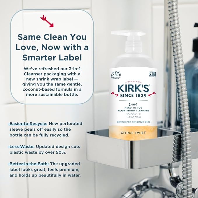 Kirk's Citrus Twist 3-in-1 Nourishing Cleanser, Shampoo Body Wash Bubble Bath, Coconut Oil and Aloe Vera, Vegan Non-GMO, 32 Fl Oz