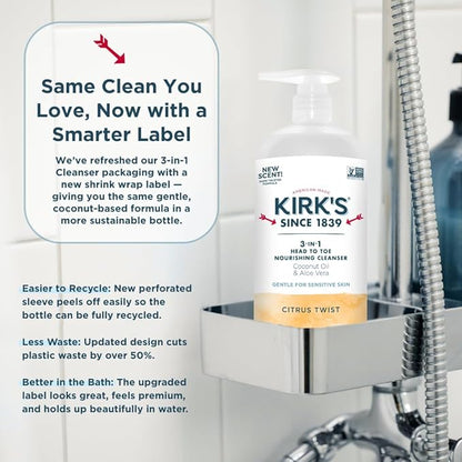 Kirk's Citrus Twist 3-in-1 Nourishing Cleanser, Shampoo Body Wash Bubble Bath, Coconut Oil and Aloe Vera, Vegan Non-GMO, 32 Fl Oz