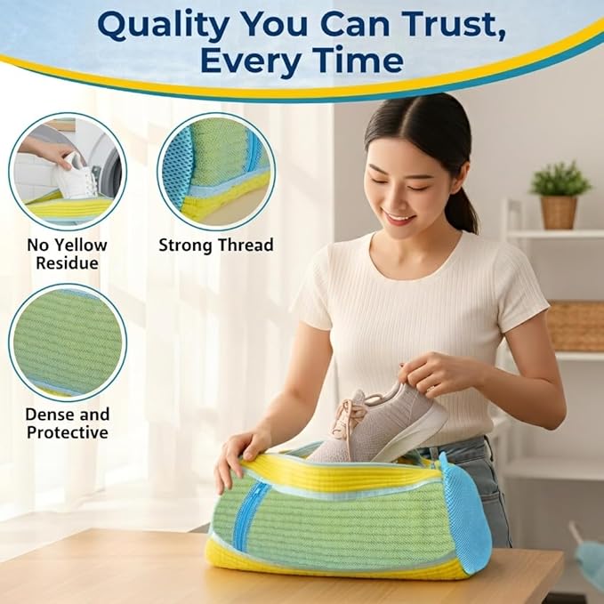 Shoe Washing Machine Bag, 2 Pcs Reusable Laundry Shoe Bag for Washer and Dryer, 360 Deep Cleaning Sneaker Washing Bag with Zipper, Mesh Pockets and Hanging Strip, Fits All Shoe Types & Sizes, Yellow