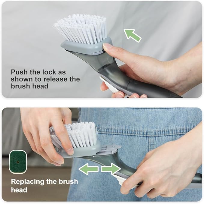 CQT Soap Dispensing Dish Brush Storage Set, Dish Scrubber with Handle, Kitchen Washing Brush for Pot Pan Sink Cleaning, Kitchen Brush with Holder and 1 Replaced Scouring Pad Head