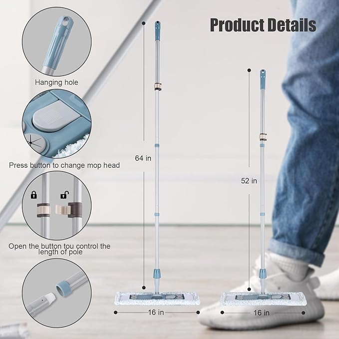 Homilifibra Dust Mop for Floor Cleaning,Magnetic Floor Flat Mop with 2 Washable Pads -Extendable 64‘’ Iron Handle for Hardwood Tile Marble Laminate Floors,Blue&Gray