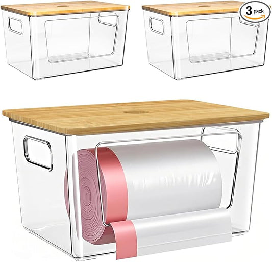 iEGrow 3 Packs Trash Bag Holder,Stackable Trash Bags Dispenser with Bamboo Lid,Extra Large Garbage Bag Holder for Kitchen, Laundry Room,Under Sink Storage Organization