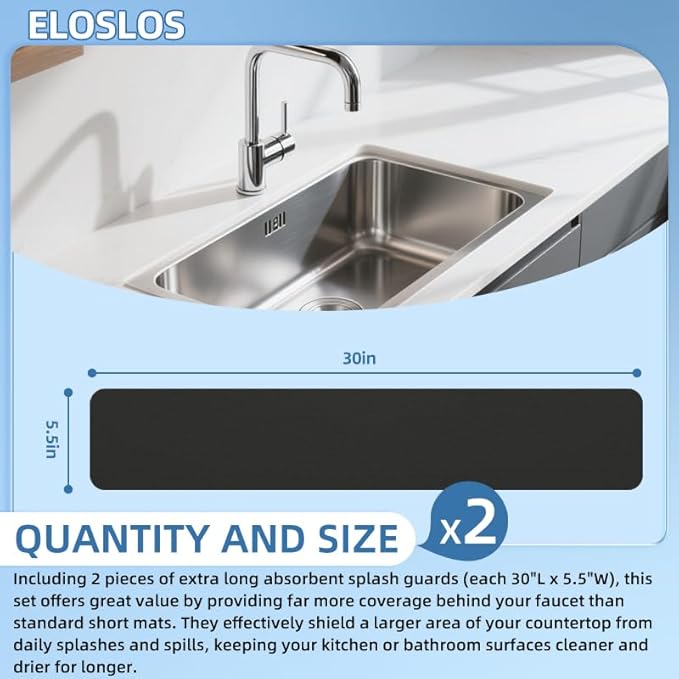 2Pcs 30"L x 5.5"W Customizable Sink Faucet Mat for Kitchen Sink 2 Holes & 3 Holes, DIY Cut for Oval/Rectangle/Square Faucets, Extra Long Quick-Drying Absorbent Splash Guard Counter Protector, Black