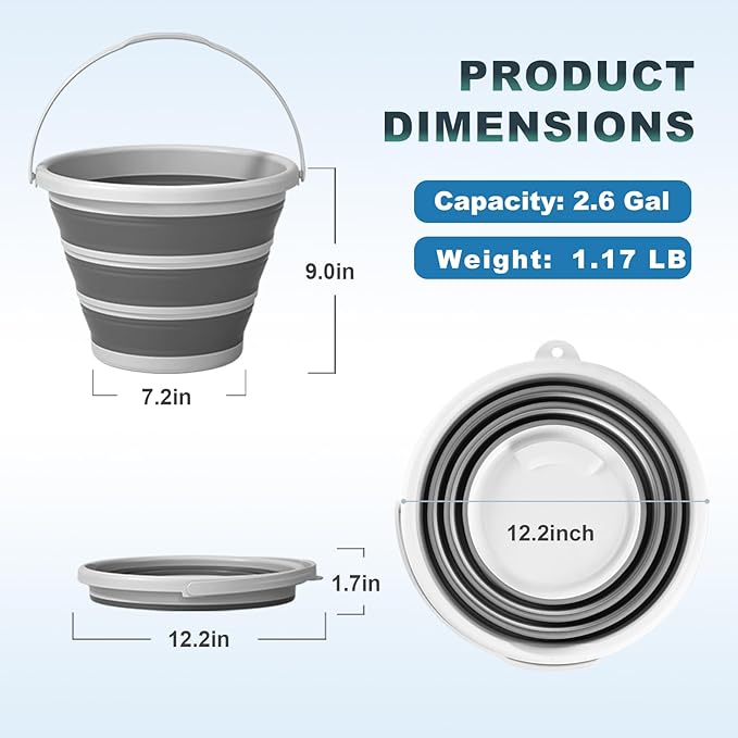 Gronivex 2.6 Gallon Collapsible Bucket with Handle - Foldable Portable Water Pail for Car Wash, Camping, RV, Boat, Fishing - Space-Saving Multi-Purpose Cleaning Bucket, BPA Free