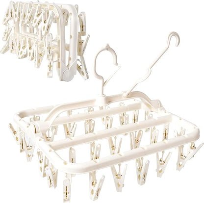Foshine Foldable Clothes Drying Rack with 32 Drying Clips Wind-Proof Hook Underwear Hanger Plastic Laundry Clip for Socks Bras (White)