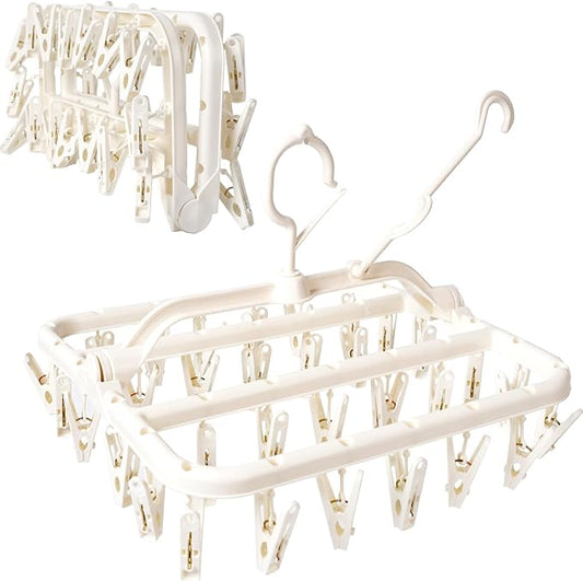 Foshine Foldable Clothes Drying Rack with 32 Drying Clips Wind-Proof Hook Underwear Hanger Plastic Laundry Clip for Socks Bras (White)