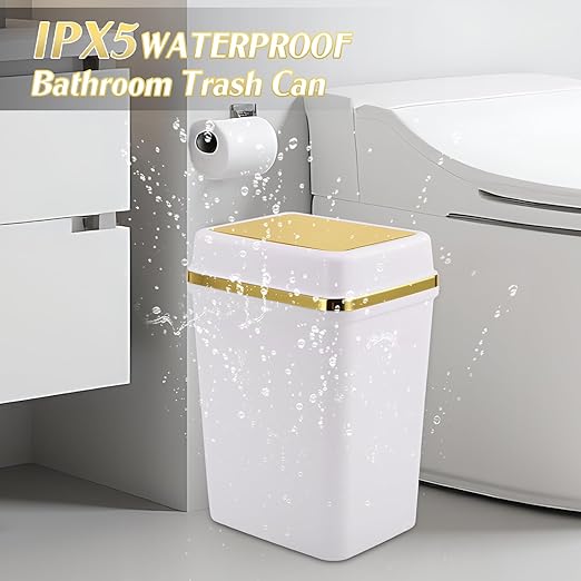 3 Pack Bathroom Trash Can with Lid 4 Gallon Small Trash Can with Swing Lid White and Gold Bathroom Garbage Can with 225 Counts Trash Bags for Kitchen Bedroom Office