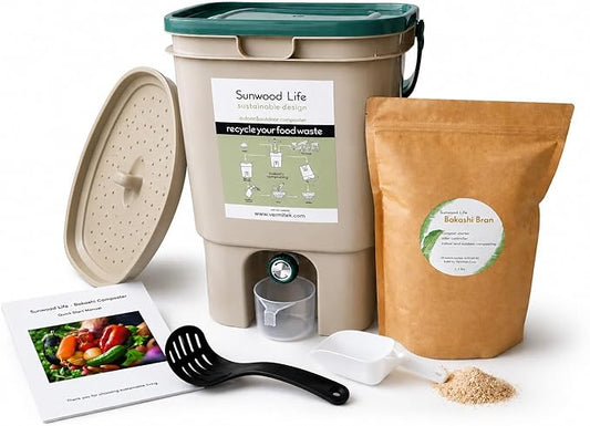 Indoor Bokashi Composter Starter Kit- Beige, 2.2 lb Premium Bokashi Bran Included, Easliy Turn Your Kitchen Wastes into Nutrition for Your Garden Soil
