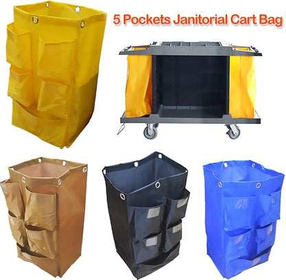 Replacement Janitorial Cart Bag, High Capacity Waterproof Thickened Housekeeping Commercial Janitorial Cleaning Cart Bag with 6 Brass Grommets - 25 Gallon (Brown with 5 Pockets)