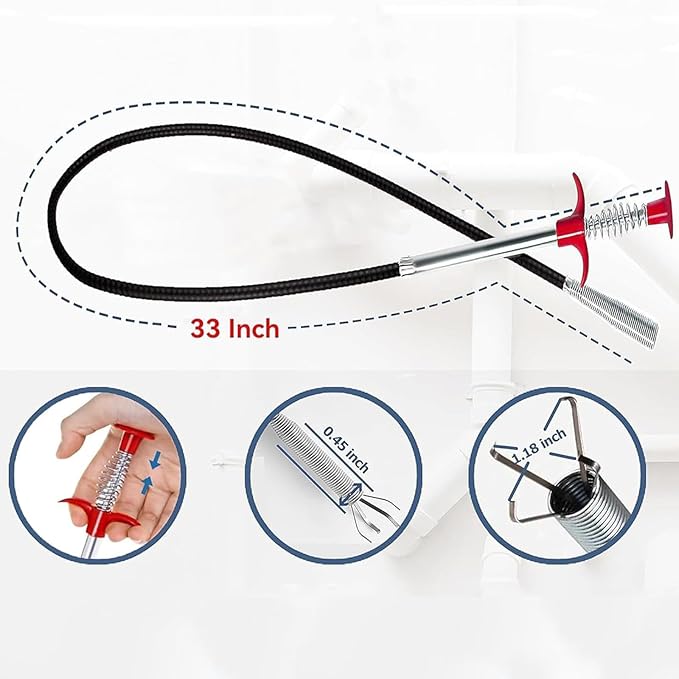 (33 inch) Drain Snake, Sink Snake Drain Tool Tools Cleaner for Toilet Sewer Shower Kitchen Bathroom Tub Clogged Drains Opener Tool, Flexible Grabber Claw Pick Up Reacher Gutter Cleaning