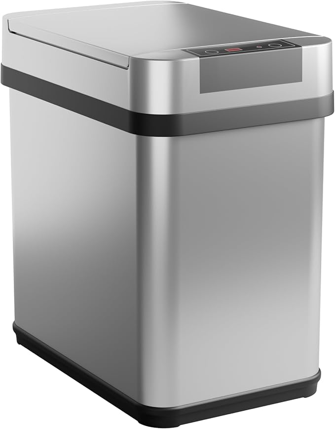 Home Zone Living 2 Gallon Small and Slim Motion Sensor Trash Can with Touch Control Lid, Stainless Steel, Silver