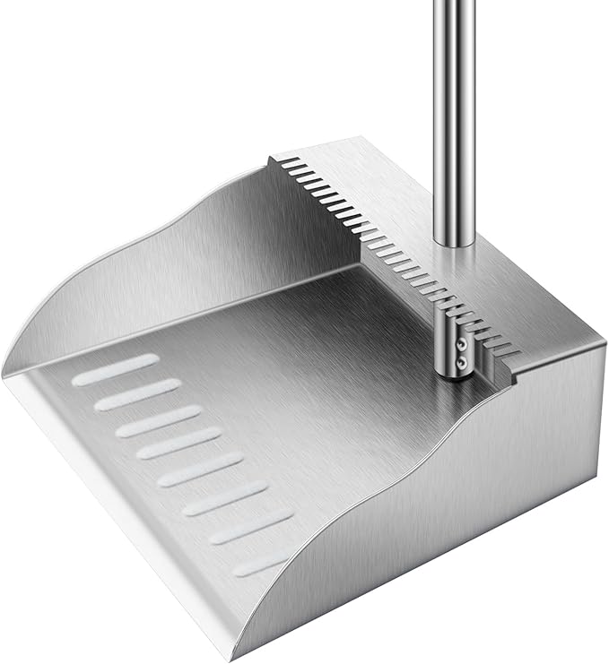 Metal Dust Pans with Long Handle,Heavy Duty Dust Pan with Handle,Upright Stand Up Dustpan with Dust Pan Teeth to Clean Hair for Home Kitchen Office Lobby Floor Garden