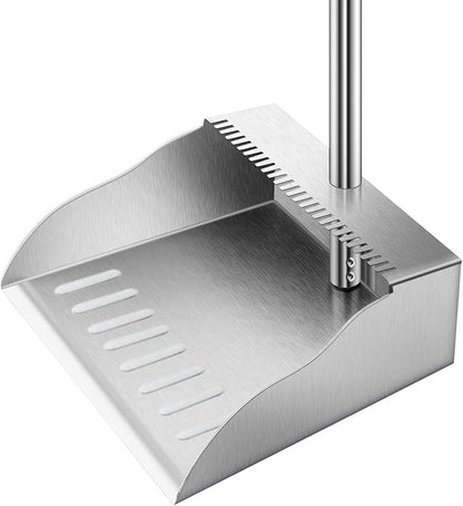 Metal Dust Pans with Long Handle,Heavy Duty Dust Pan with Handle,Upright Stand Up Dustpan with Dust Pan Teeth to Clean Hair for Home Kitchen Office Lobby Floor Garden
