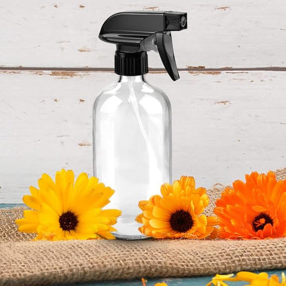Worldgsb Glass Spray Bottles, 16oz*2+4oz*2+2oz*4 Refillable Containers, Empty Boston Round Bottles with Adjustable Nozzle for Cleaning, Gardening, Aromatherapy, Pets, Plant, Hair - Clear