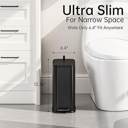 Small Bathroom Trash Can with Lid Soft Close, Step Pedal, 1.6 Gallon Black Stainless Steel Garbage Can with Removable Inner Bucket, Includes 60 Trash Bags for Home Bedroom